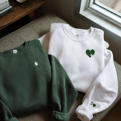 Puzzle peice heart Embroidery Custom Embroidered Heart and Puzzle Piece Sweatshirt,Hoodie Initial With Heart On Sleeve, Anniversary Gift, Couple Hoodie, Valentines Day Gift